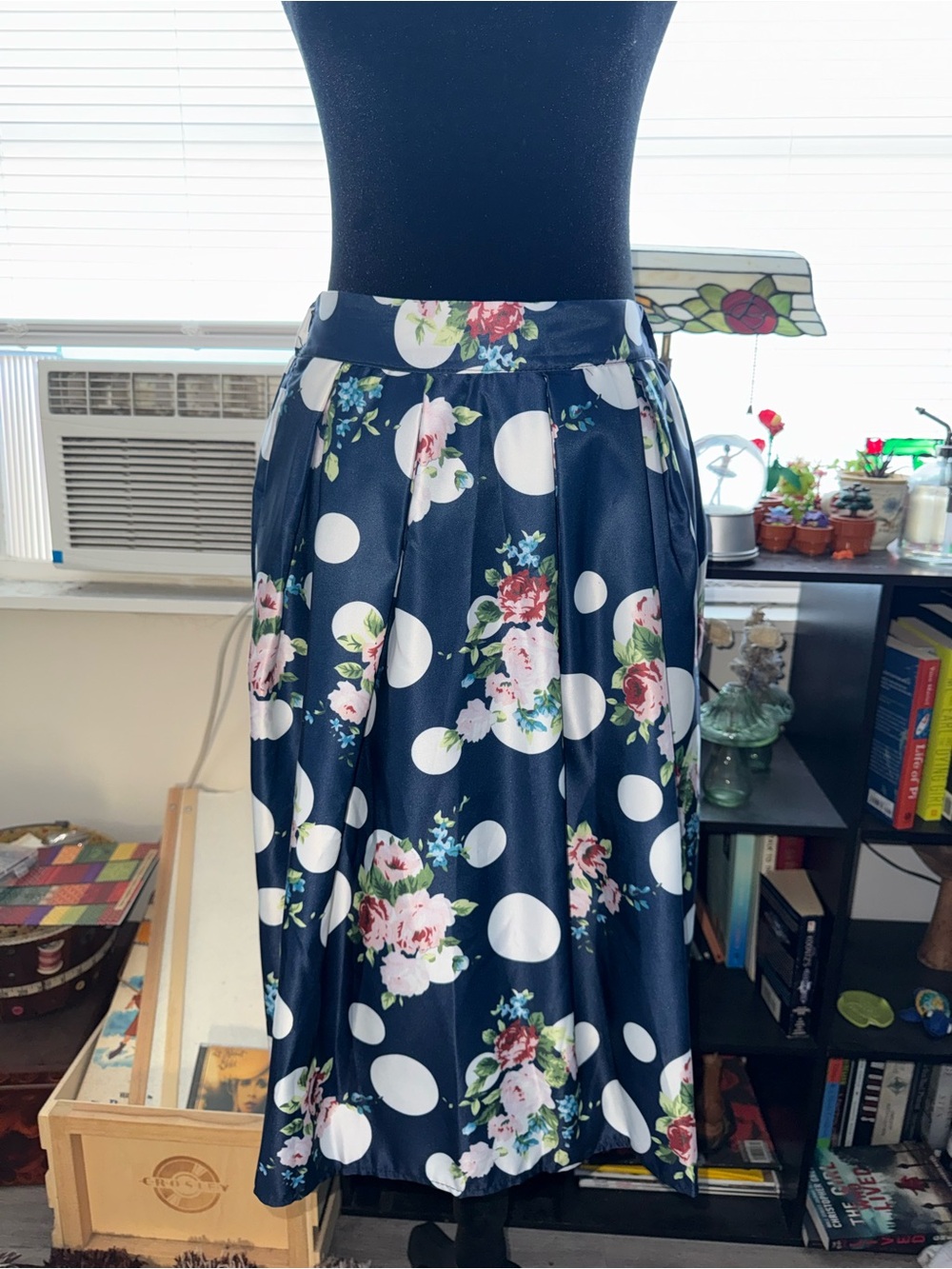 Navy Floral & White Polka Midi Skirt